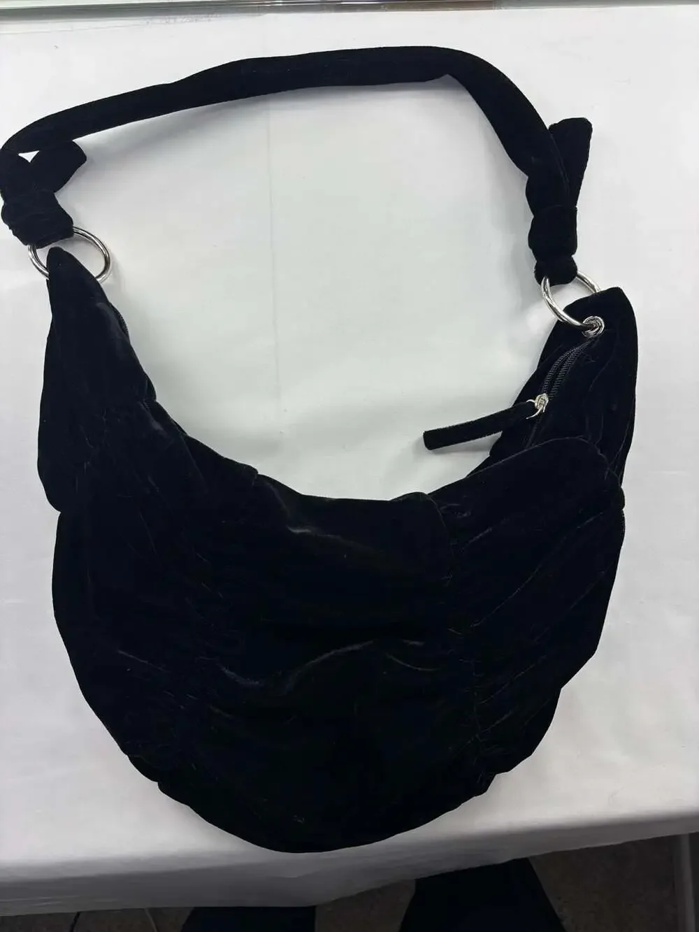 Black Velvet Hobo Shoulder Bag with Silver Rings